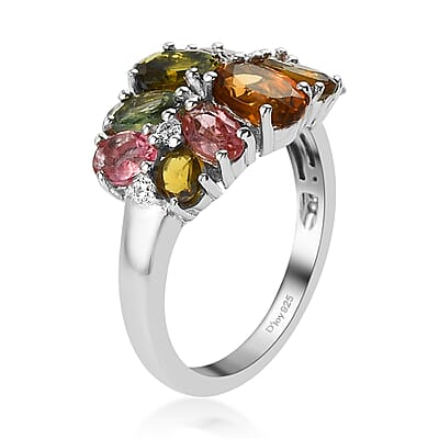 Multi-Tourmaline and Natural White Zircon Ring in Platinum Over Sterling Silver (Size 10.0) 2.60 ctw