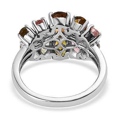 Multi-Tourmaline and Natural White Zircon Ring in Platinum Over Sterling Silver (Size 10.0) 2.60 ctw