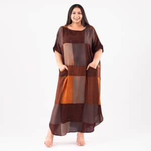 Tamsy Brown Block Pattern Long Dress - One Size Fits Most