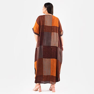 Tamsy Brown Block Pattern Long Dress - One Size Fits Most