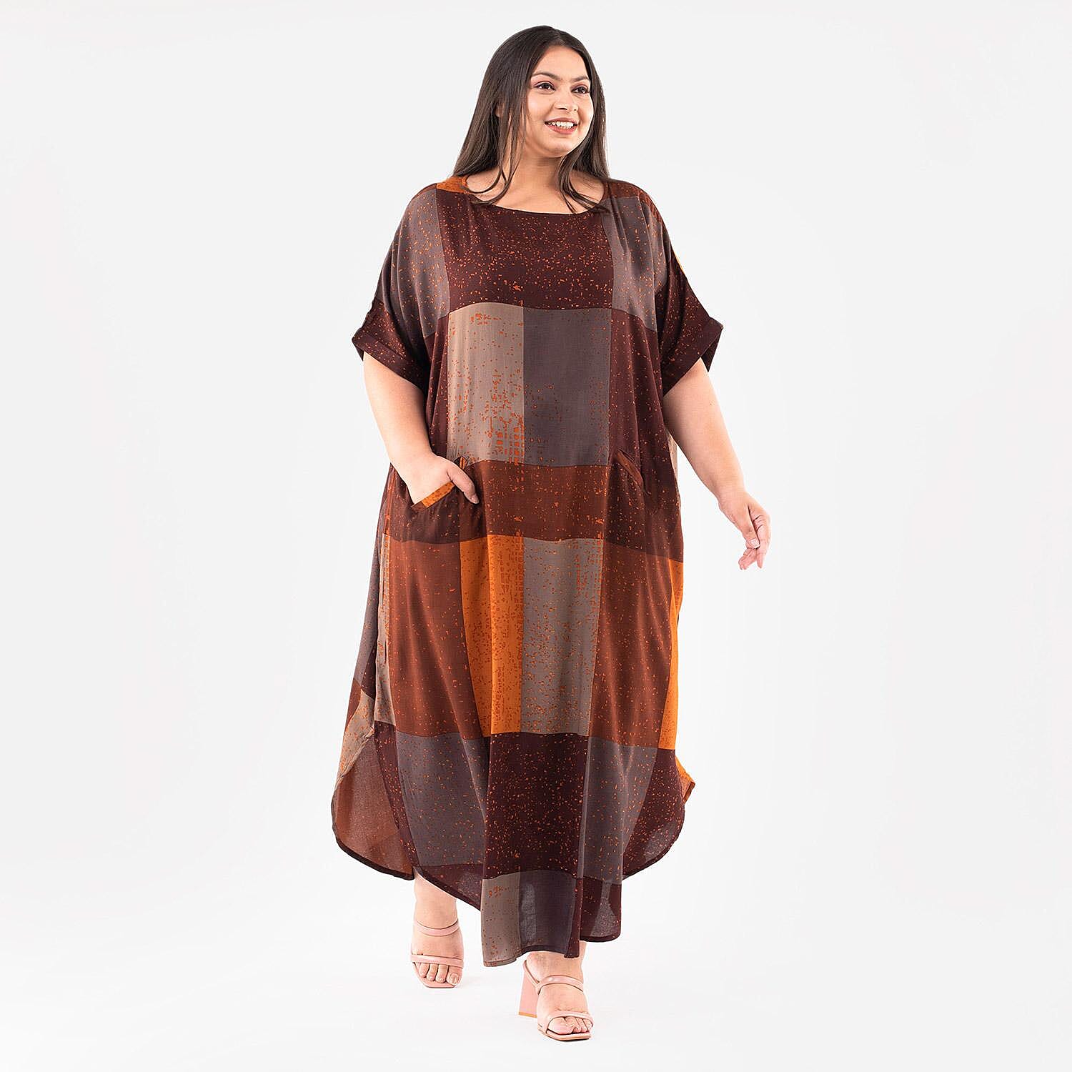Tamsy Brown Block Pattern Long Dress - One Size Fits Most