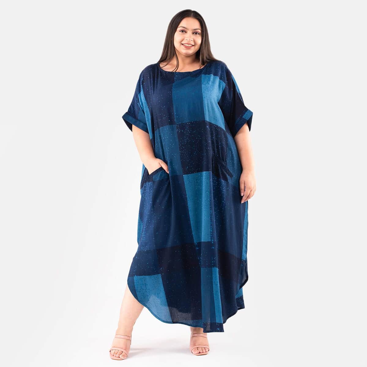 Tamsy Blue Block Pattern Long Dress - One Size Fits Most image number 0