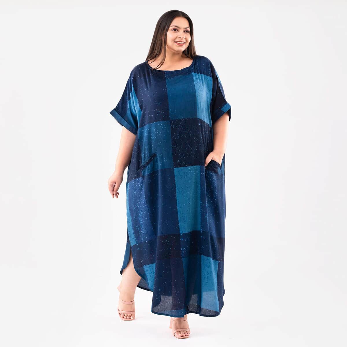 Tamsy Blue Block Pattern Long Dress - One Size Fits Most image number 2