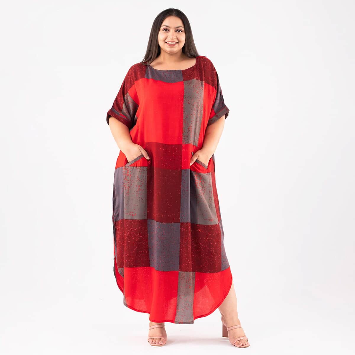 Tamsy Red Block Pattern Long Dress - One Size Fits Most image number 0