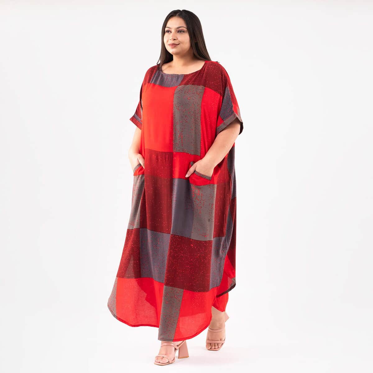 Tamsy Red Block Pattern Long Dress - One Size Fits Most image number 2