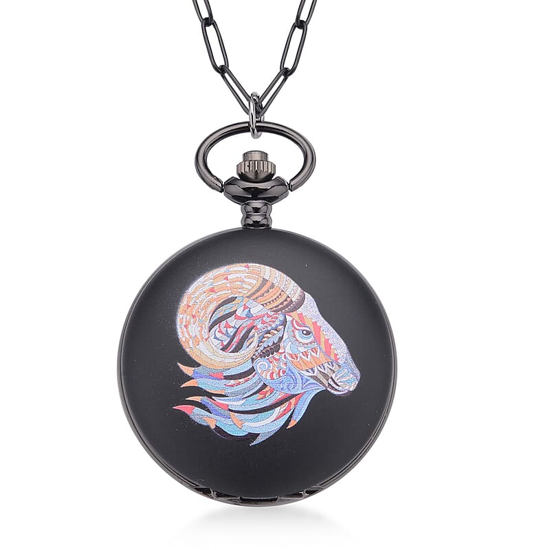 Strada Japanese Movement 3D Printing Ram Pattern Pocket Watch in ION Plated Black Stainless Steel Paper Clip Chain (28-31 Inches)
