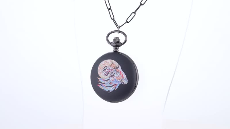 STRADA Japanese Movement 3D Printing Ram Pattern Pocket Watch in ION Plated Black Stainless Steel Paper Clip Chain (28-31 Inches)
