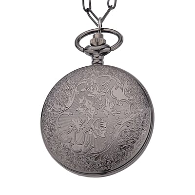 Strada Japanese Movement 3D Printing Ram Pattern Pocket Watch in ION Plated Black Stainless Steel Paper Clip Chain (28-31 Inches)
