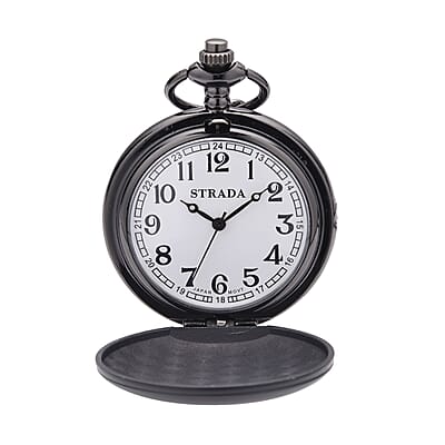 Strada Japanese Movement 3D Printing Ram Pattern Pocket Watch in ION Plated Black Stainless Steel Paper Clip Chain (28-31 Inches)