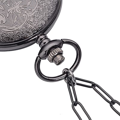 Strada Japanese Movement 3D Printing Ram Pattern Pocket Watch in ION Plated Black Stainless Steel Paper Clip Chain (28-31 Inches)