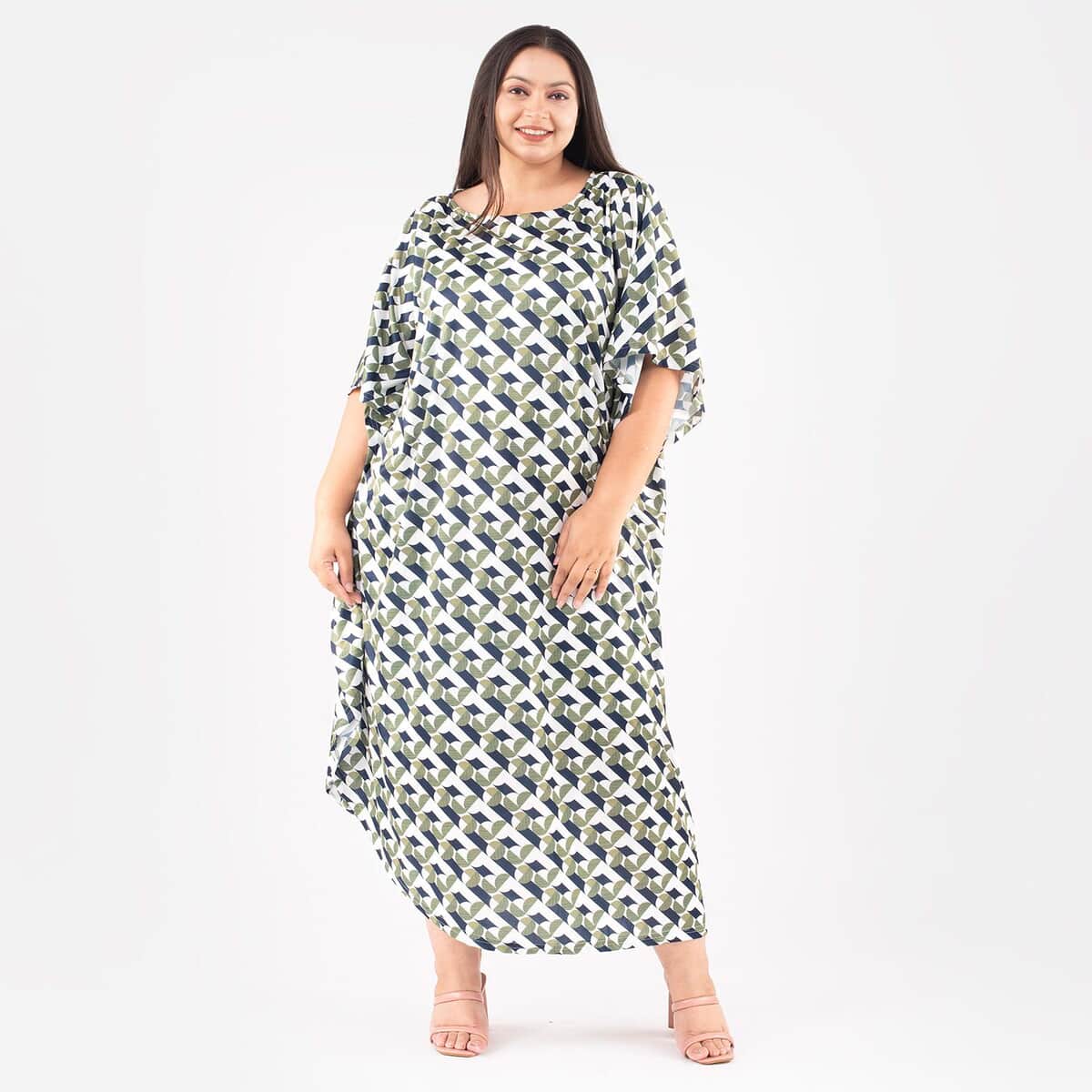 Tamsy Green Long Kaftan with Elbow-Length Sleeves - One Size Fits Most image number 0