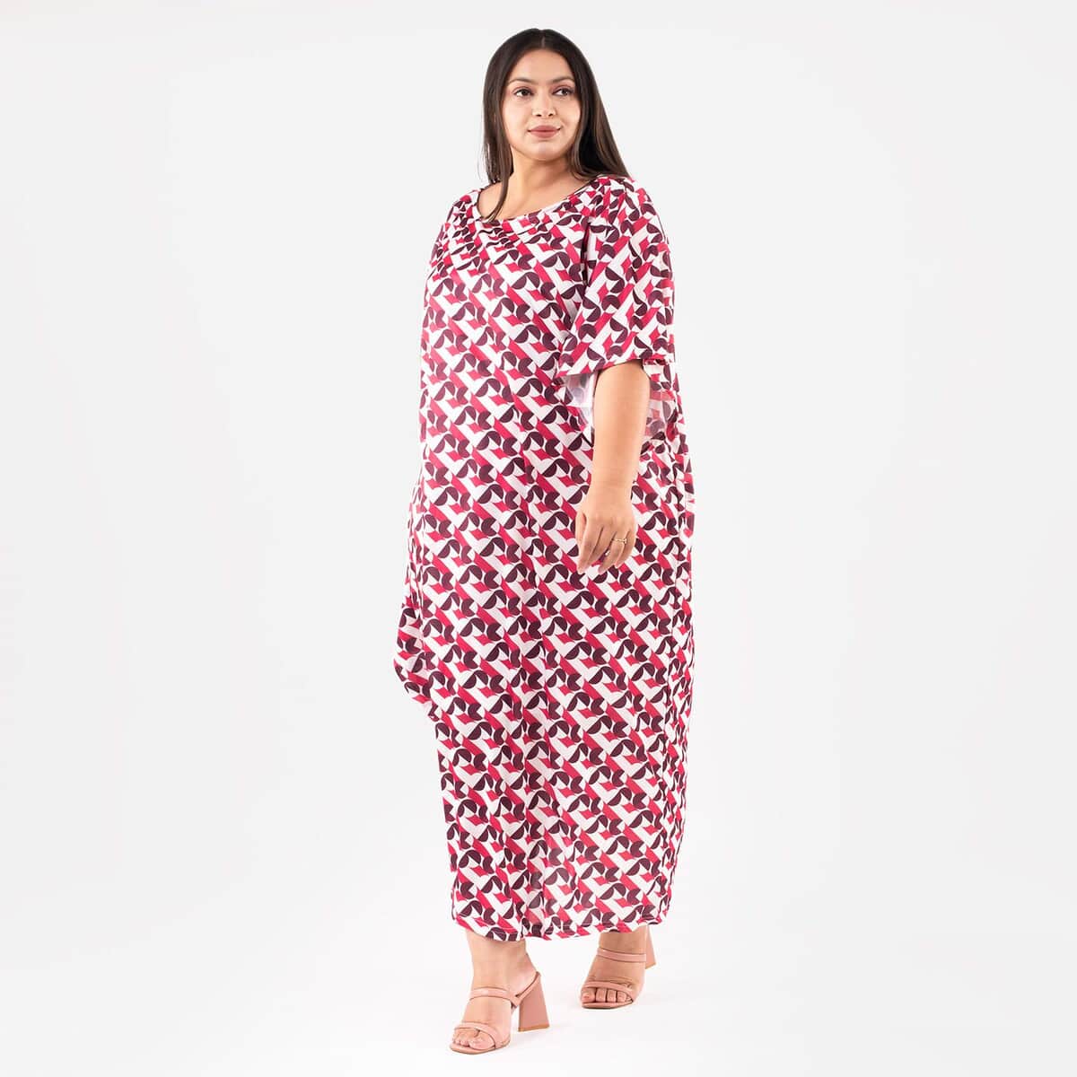 Tamsy Pink Long Kaftan with Elbow-Length Sleeves - One Size Fits Most image number 2