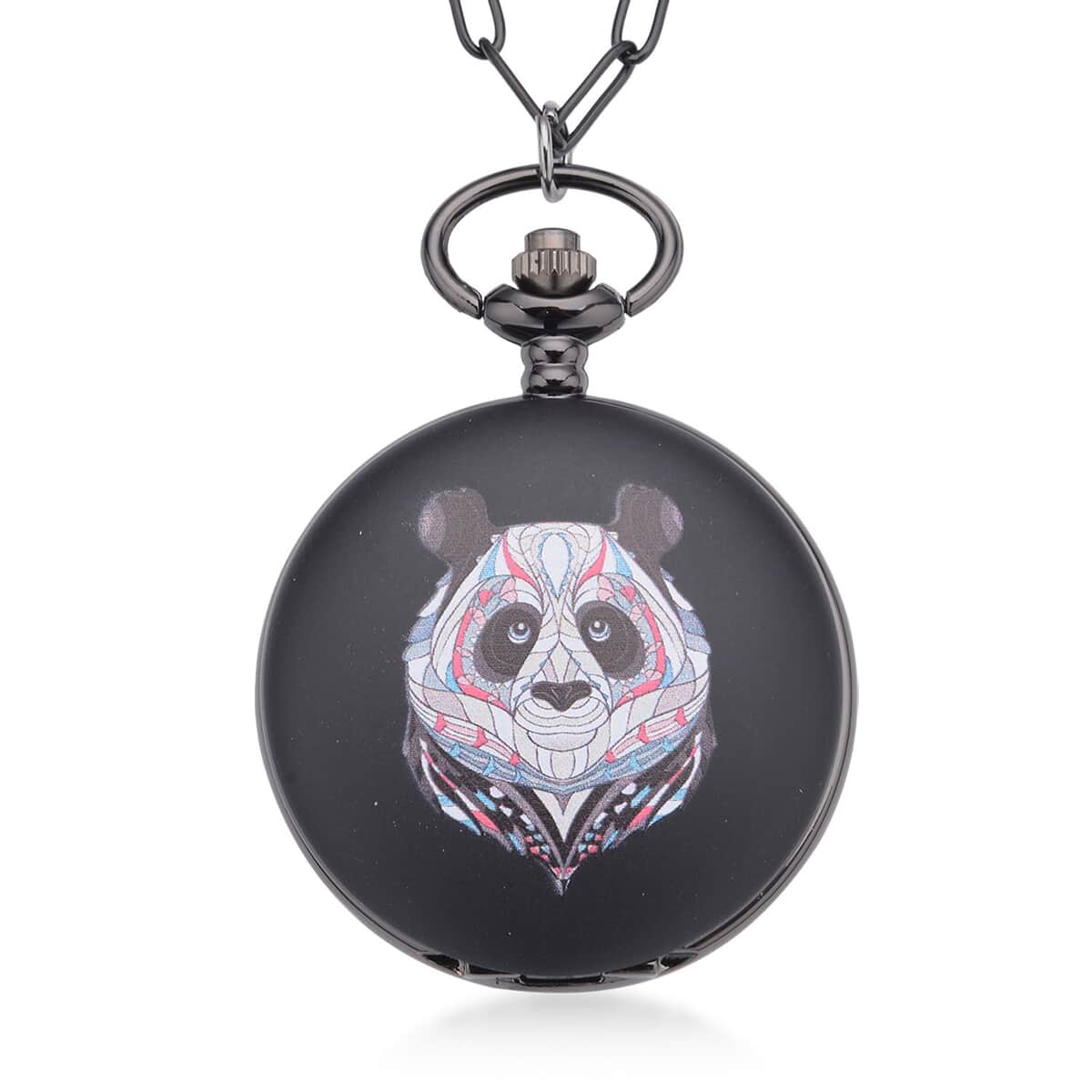 Strada Japanese Movement 3D Printing Panda Pattern Pocket Watch in ION Plated Black Stainless Steel Paper Clip Chain (28-31 Inches) image number 0