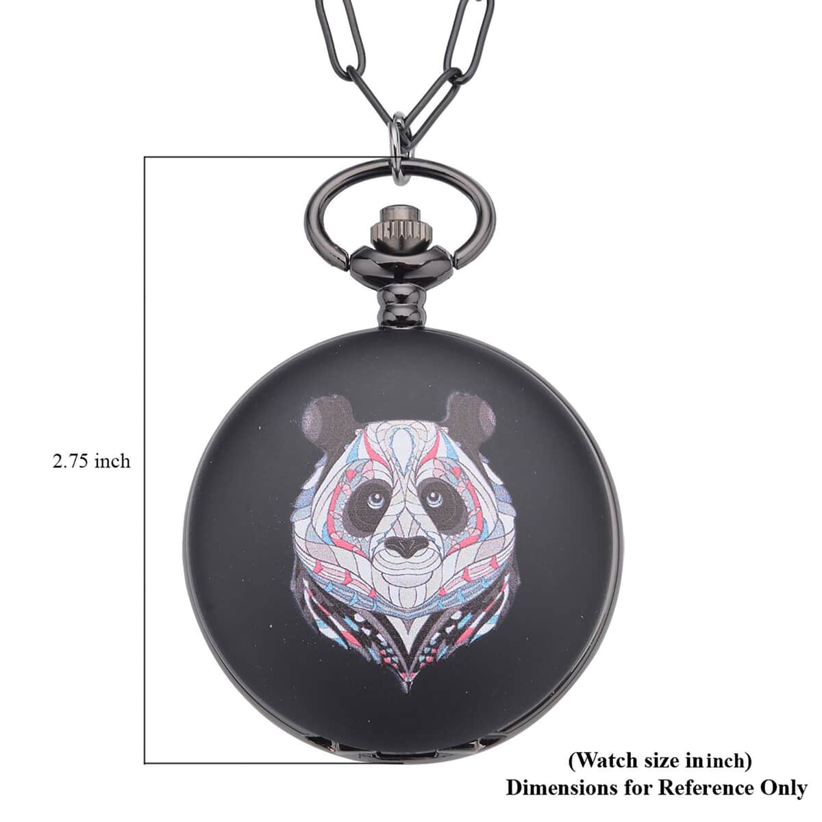 Strada Japanese Movement 3D Printing Panda Pattern Pocket Watch in ION Plated Black Stainless Steel Paper Clip Chain (28-31 Inches) image number 6