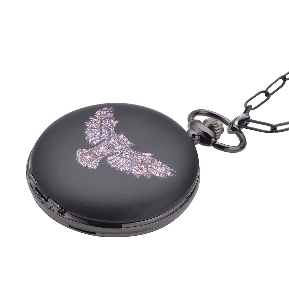 Strada Japanese Movement 3D Printing Owl Pattern Pocket Watch in ION Plated Black Stainless Steel Paper Clip Chain (28-31 Inches) image number 2