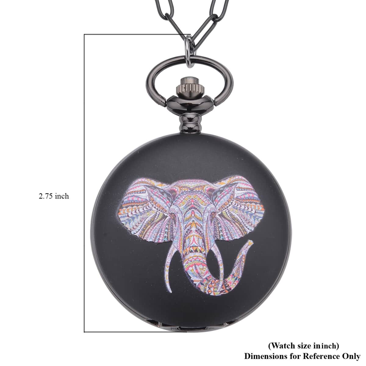 Strada Japanese Movement 3D Printing Elephant Pattern Pocket Watch in ION Plated Black Stainless Steel Paper Clip Chain (28-31 Inches) image number 6