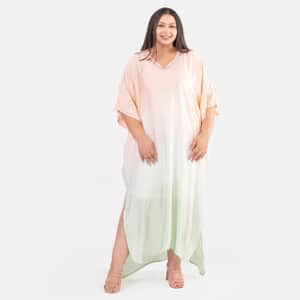 Tamsy Peach Bemberg Silk Ombre Dye V-Neck with Lace Long Kaftan - One Size Fits Most