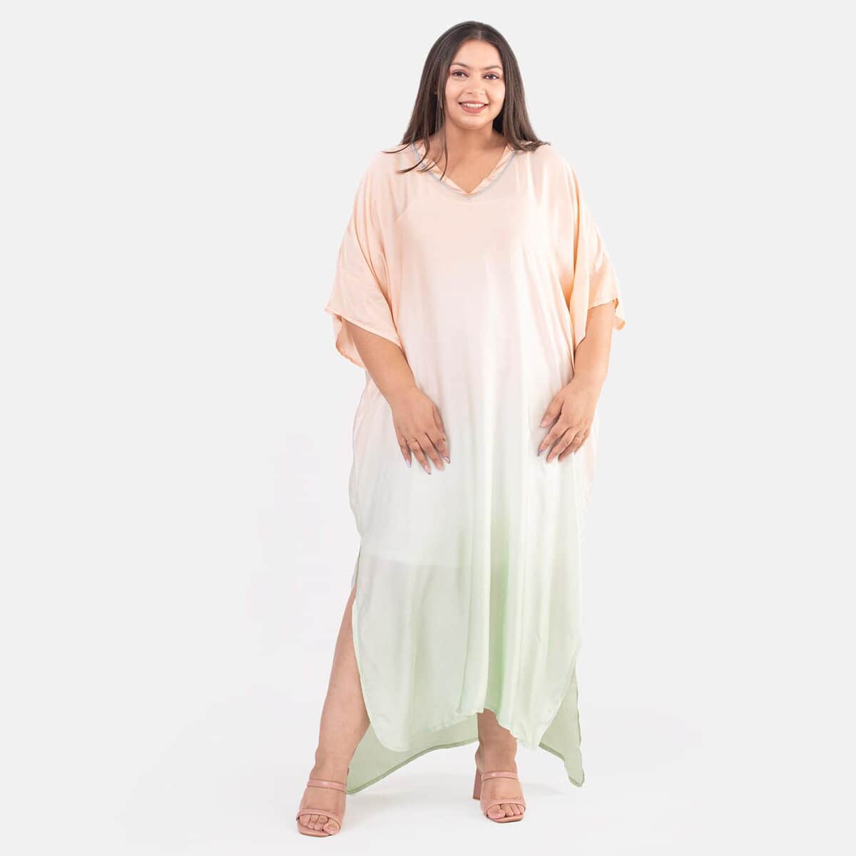 Tamsy Peach Bemberg Silk Ombre Dye V-Neck with Lace Long Kaftan - One Size Fits Most image number 0