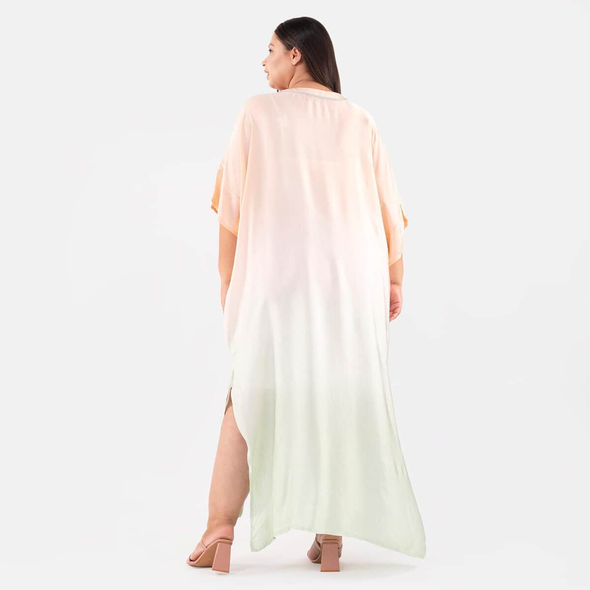 Tamsy Peach Bemberg Silk Ombre Dye V-Neck with Lace Long Kaftan - One Size Fits Most image number 1