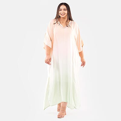 Tamsy Peach Bemberg Silk Ombre Dye V-Neck with Lace Long Kaftan - One Size Fits Most