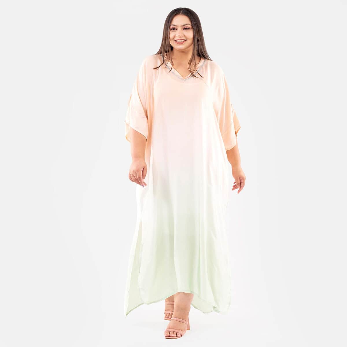 Tamsy Peach Bemberg Silk Ombre Dye V-Neck with Lace Long Kaftan - One Size Fits Most image number 2