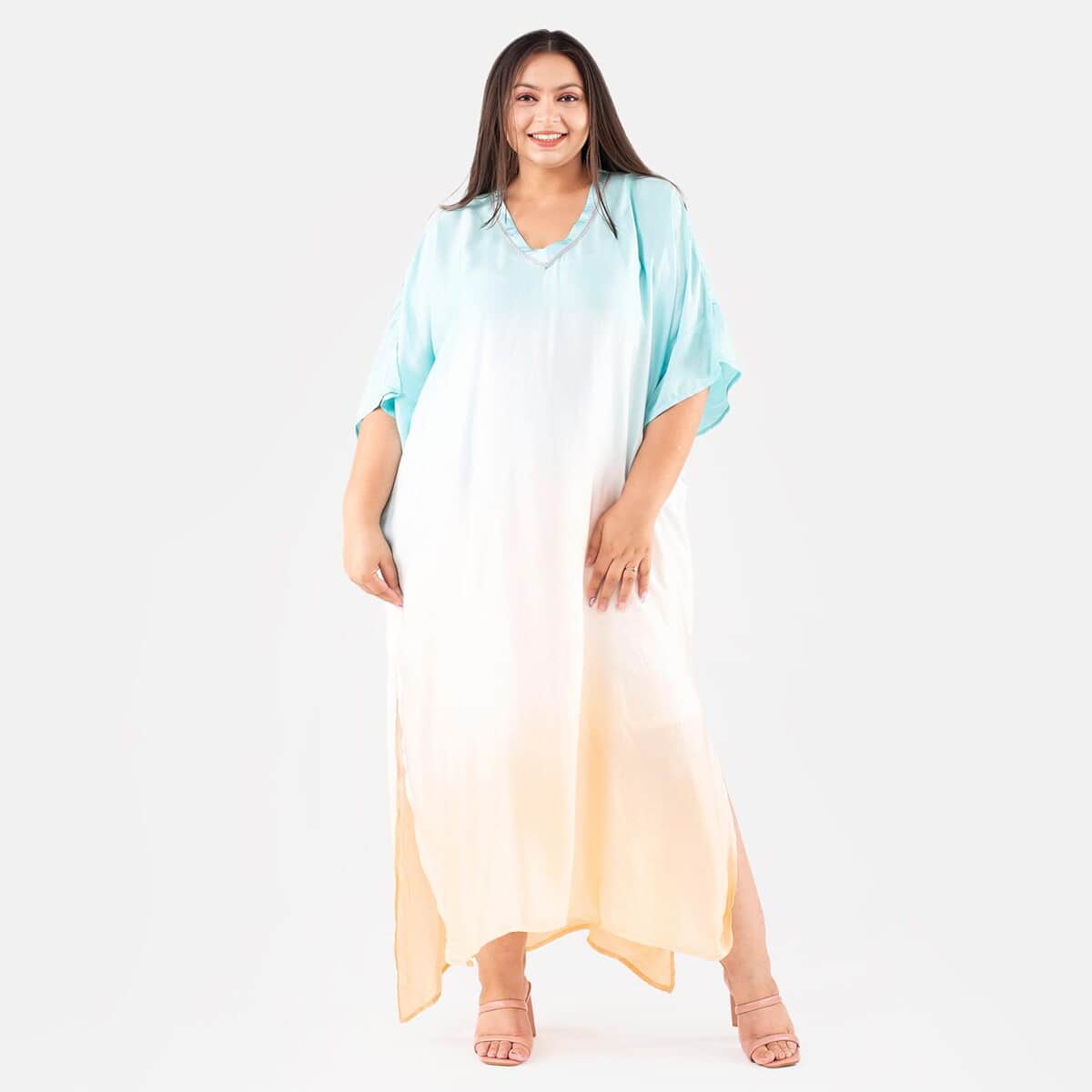 Tamsy Sky Blue Bemberg Silk Ombre Dye V-Neck with Lace Long Kaftan - One Size Fits Most image number 0