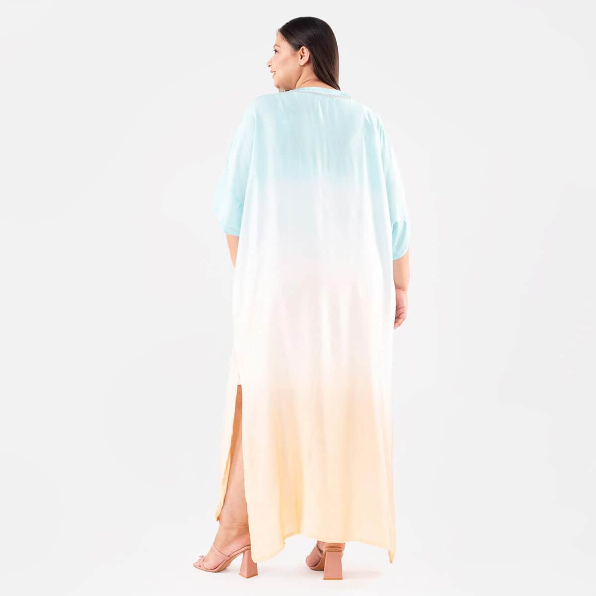 Tamsy Sky Blue Bemberg Silk Ombre Dye V-Neck with Lace Long Kaftan - One Size Fits Most image number 1