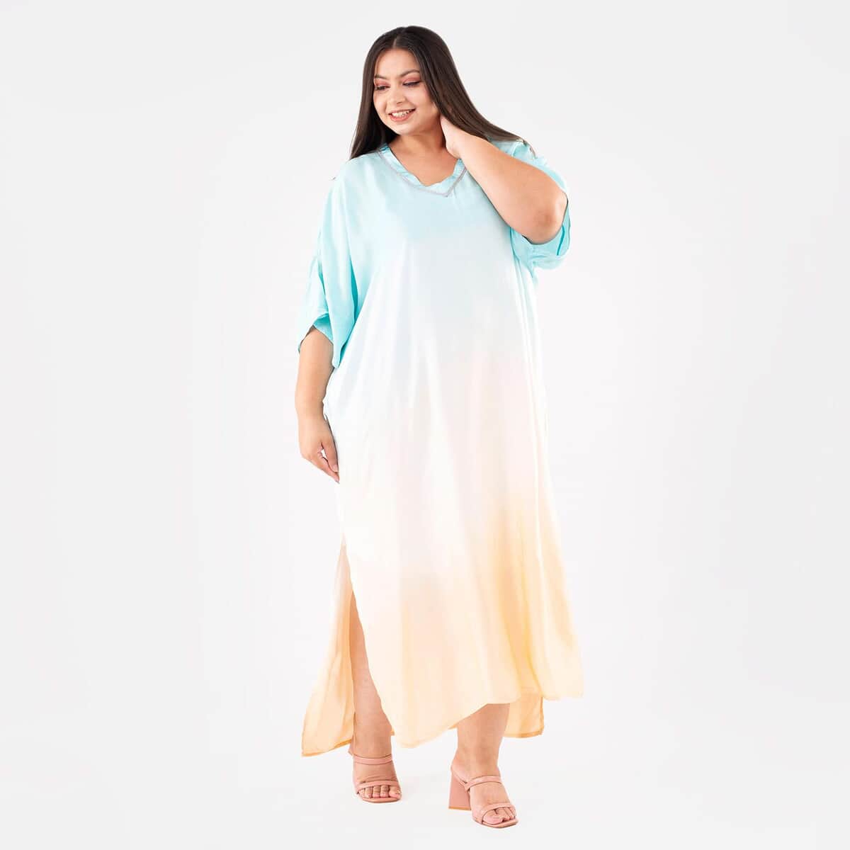 Tamsy Sky Blue Bemberg Silk Ombre Dye V-Neck with Lace Long Kaftan - One Size Fits Most image number 2