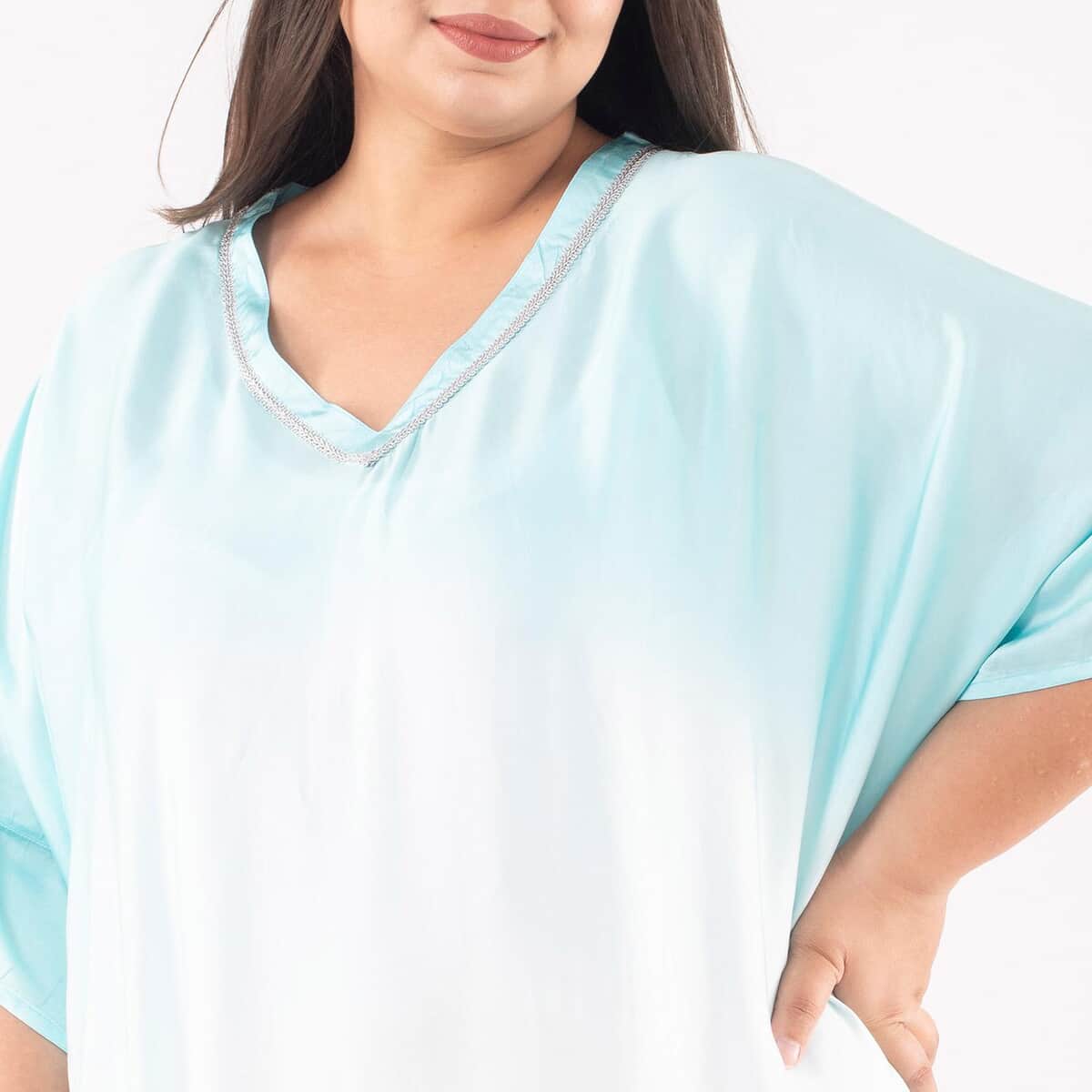 Tamsy Sky Blue Bemberg Silk Ombre Dye V-Neck with Lace Long Kaftan - One Size Fits Most image number 3