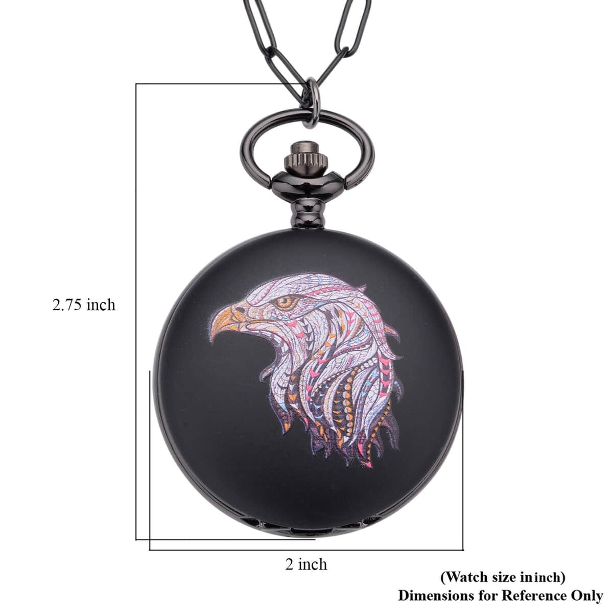 Strada Japanese Movement 3D Printing Eagle Pattern Pocket Watch in ION Plated Black Stainless Steel Paper Clip Chain (28-31 Inches) image number 6