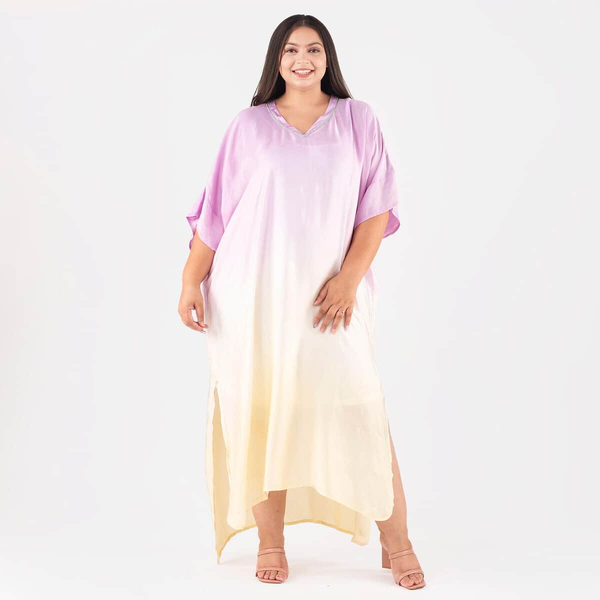 Tamsy Purple Bemberg Silk Ombre Dye V-Neck with Lace Long Kaftan - One Size Fits Most image number 0