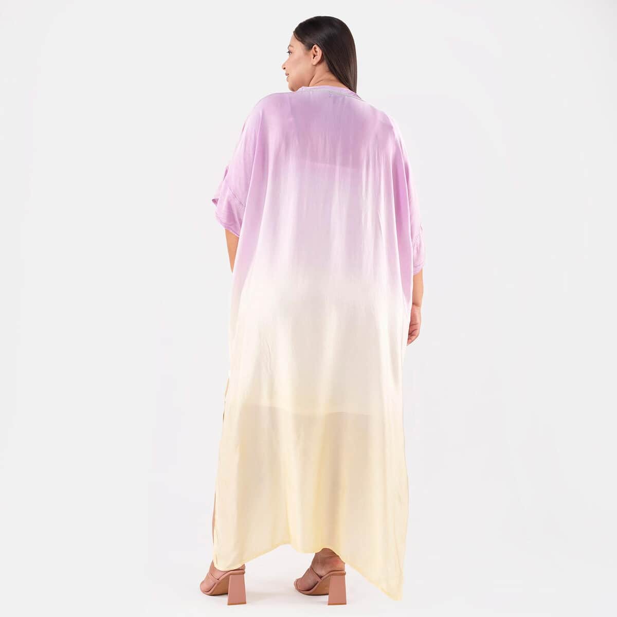 Tamsy Purple Bemberg Silk Ombre Dye V-Neck with Lace Long Kaftan - One Size Fits Most image number 1