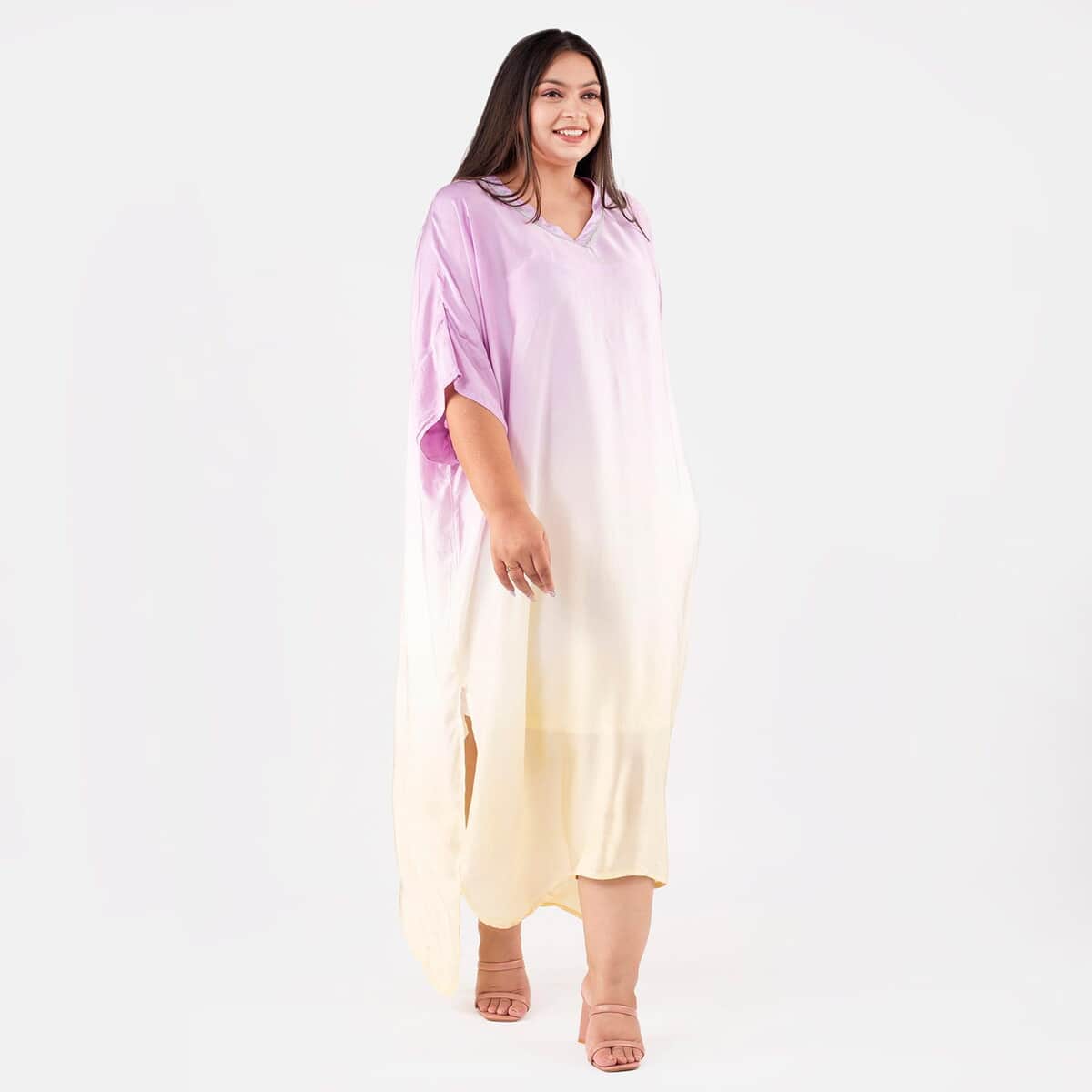 Tamsy Purple Bemberg Silk Ombre Dye V-Neck with Lace Long Kaftan - One Size Fits Most image number 2