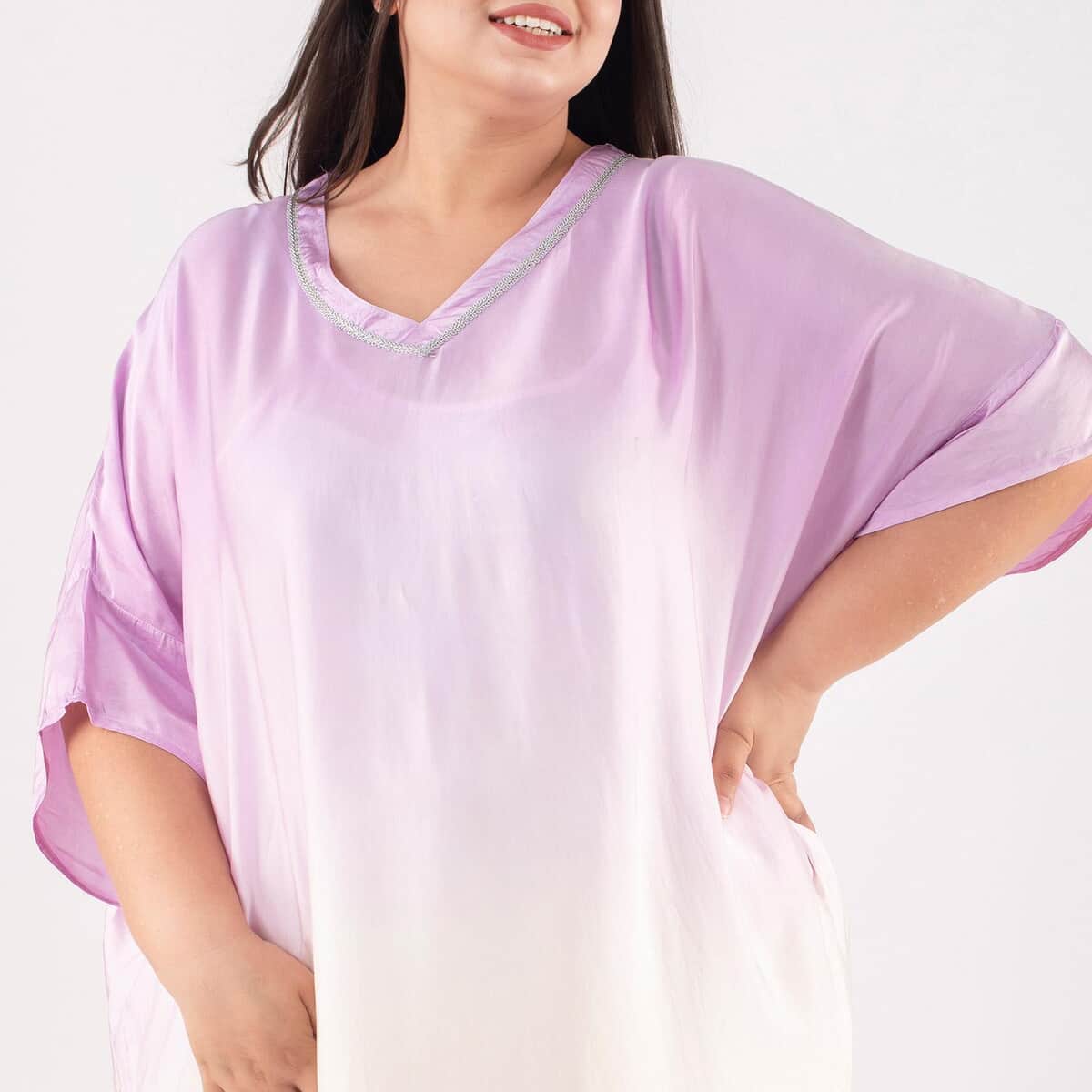 Tamsy Purple Bemberg Silk Ombre Dye V-Neck with Lace Long Kaftan - One Size Fits Most image number 3