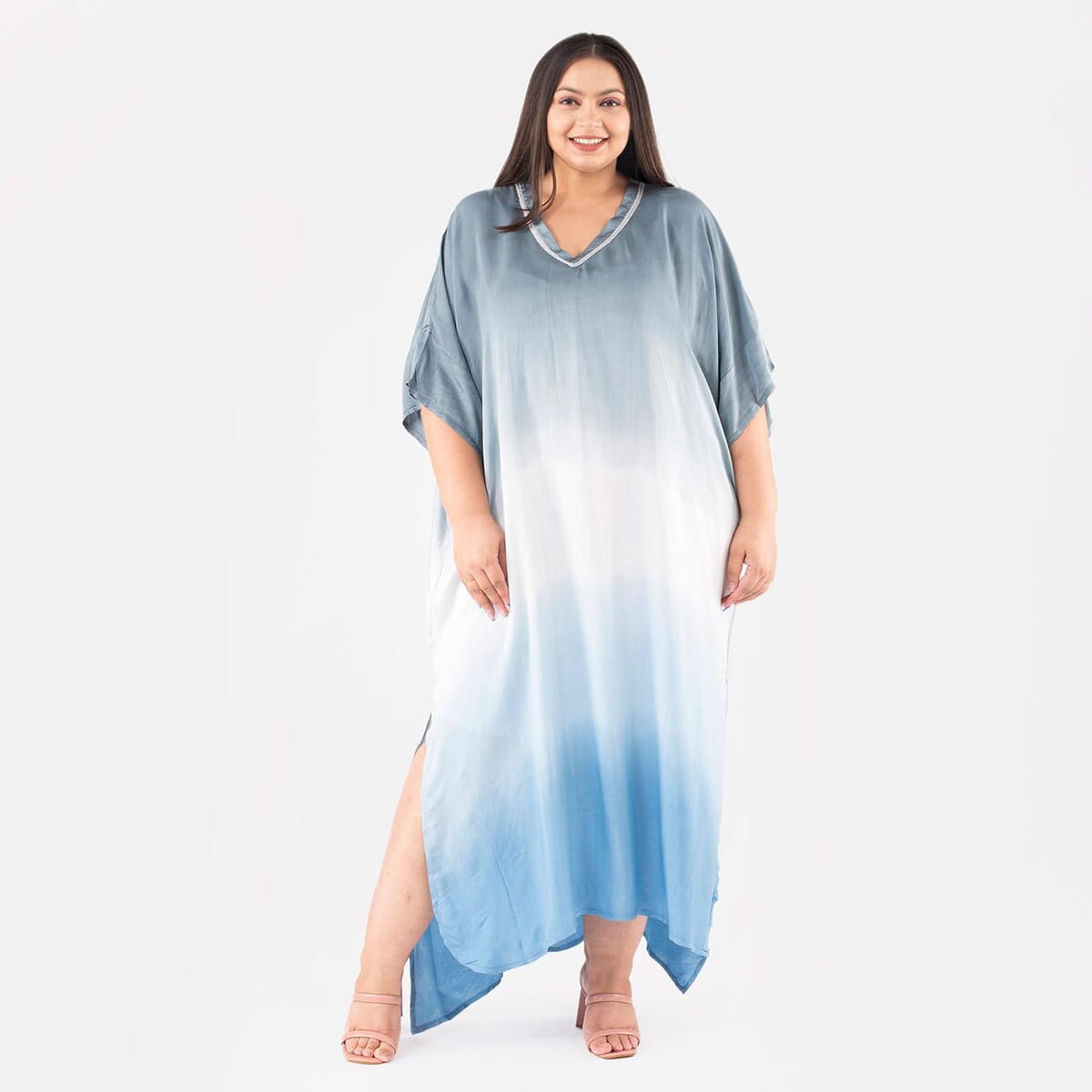 Tamsy Gray Bemberg Silk Ombre Dye V-Neck with Lace Long Kaftan - One Size Fits Most image number 0
