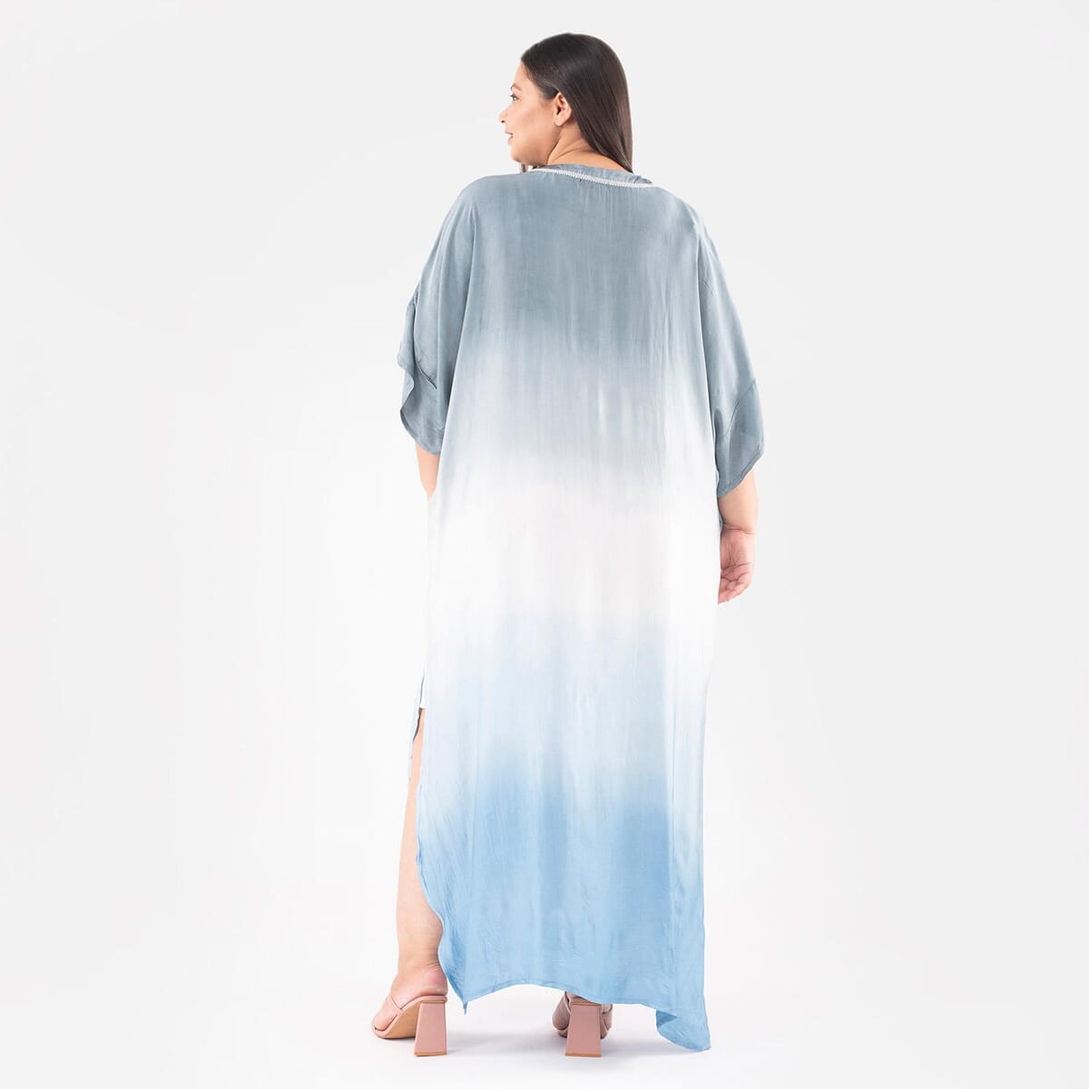 Tamsy Gray Bemberg Silk Ombre Dye V-Neck with Lace Long Kaftan - One Size Fits Most image number 1