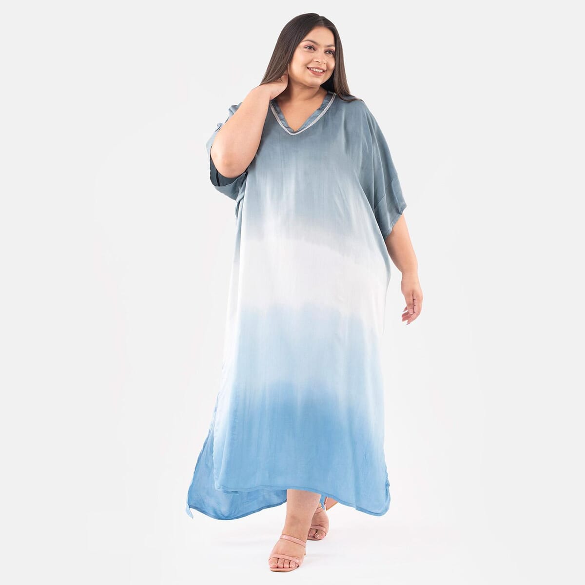 Tamsy Gray Bemberg Silk Ombre Dye V-Neck with Lace Long Kaftan - One Size Fits Most image number 2