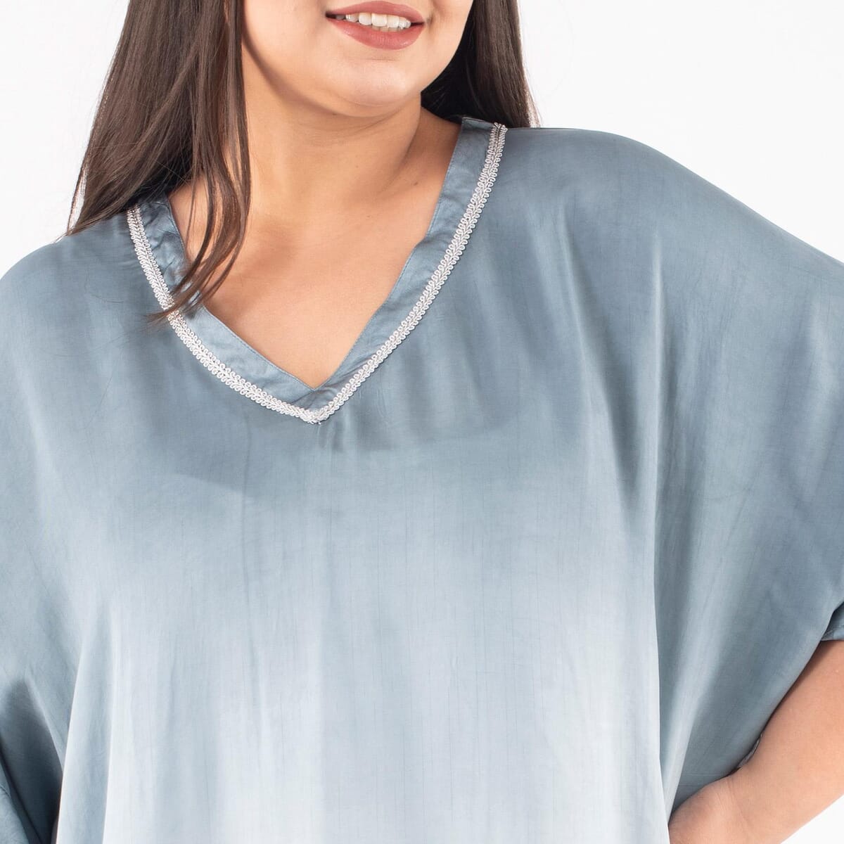 Tamsy Gray Bemberg Silk Ombre Dye V-Neck with Lace Long Kaftan - One Size Fits Most image number 3
