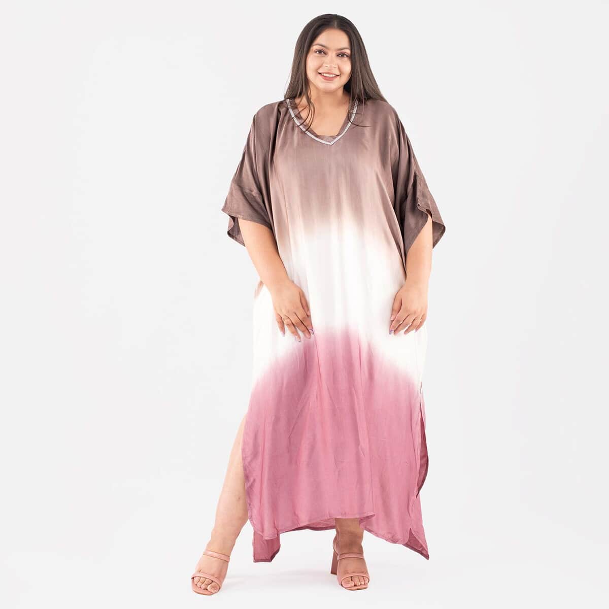 Tamsy Burgundy Bemberg Silk Ombre Dye V-Neck with Lace Long Kaftan - One Size Fits Most image number 0