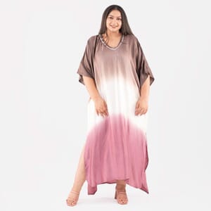 Tamsy Burgundy Bemberg Silk Ombre Dye V-Neck with Lace Long Kaftan - One Size Fits Most
