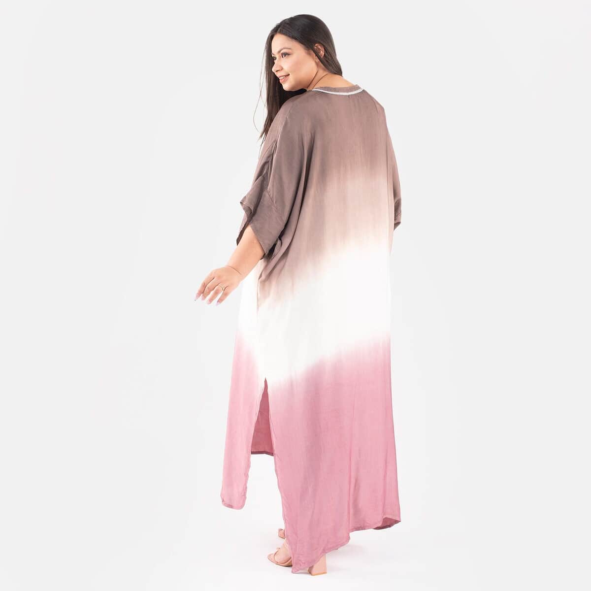 Tamsy Burgundy Bemberg Silk Ombre Dye V-Neck with Lace Long Kaftan - One Size Fits Most image number 1