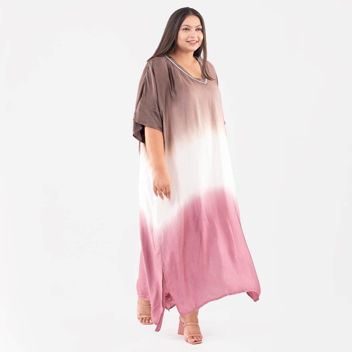 Tamsy Burgundy Bemberg Silk Ombre Dye V-Neck with Lace Long Kaftan - One Size Fits Most image number 2