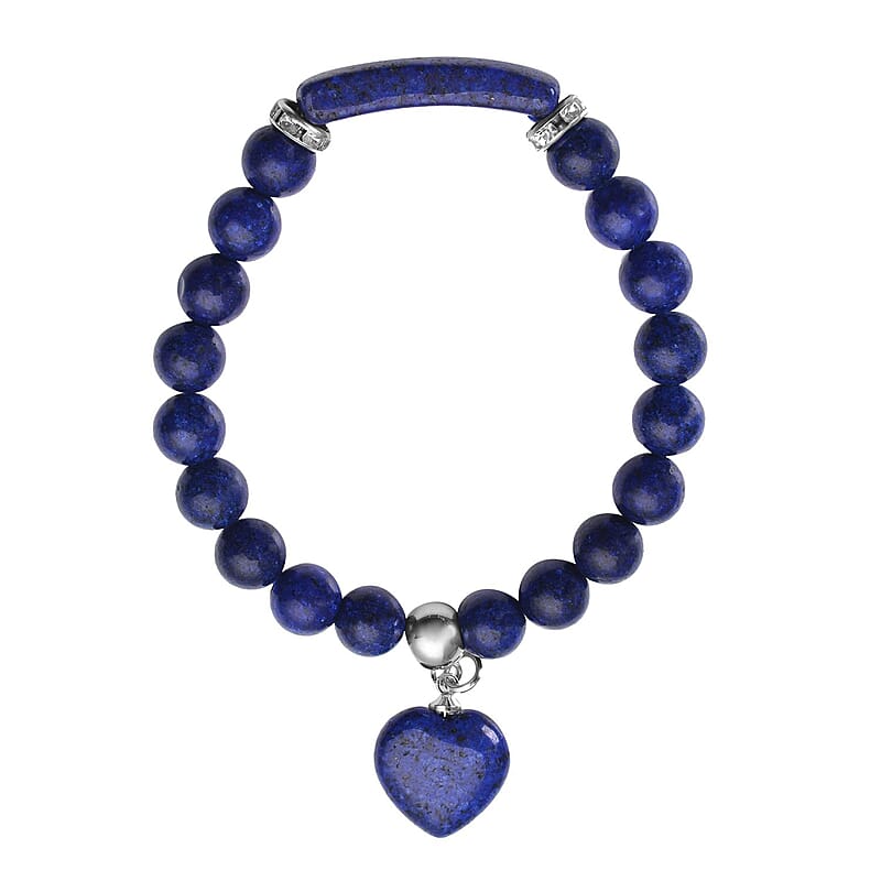 Lapis Lazuli and Austrian Crystal Stretchable Beaded Heart Charm Bracelet in Stainless Steel 94.00 ctw