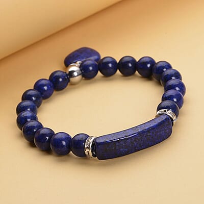 Lapis Lazuli and Austrian Crystal Stretchable Beaded Heart Charm Bracelet in Stainless Steel 94.00 ctw
