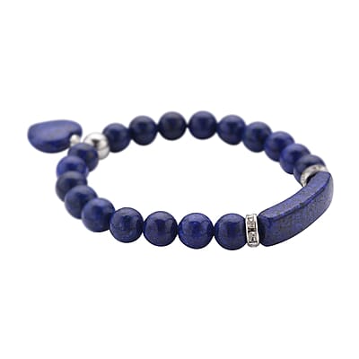 Lapis Lazuli and Austrian Crystal Stretchable Beaded Heart Charm Bracelet in Stainless Steel 94.00 ctw