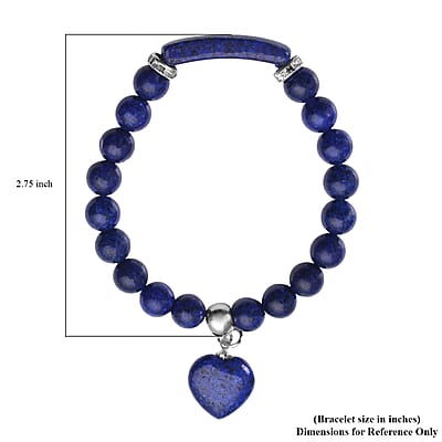 Lapis Lazuli and Austrian Crystal Stretchable Beaded Heart Charm Bracelet in Stainless Steel 94.00 ctw
