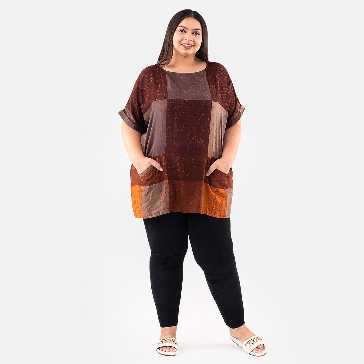 Tamsy Brown Block Pattern Tunic - One Size Missy image number 0