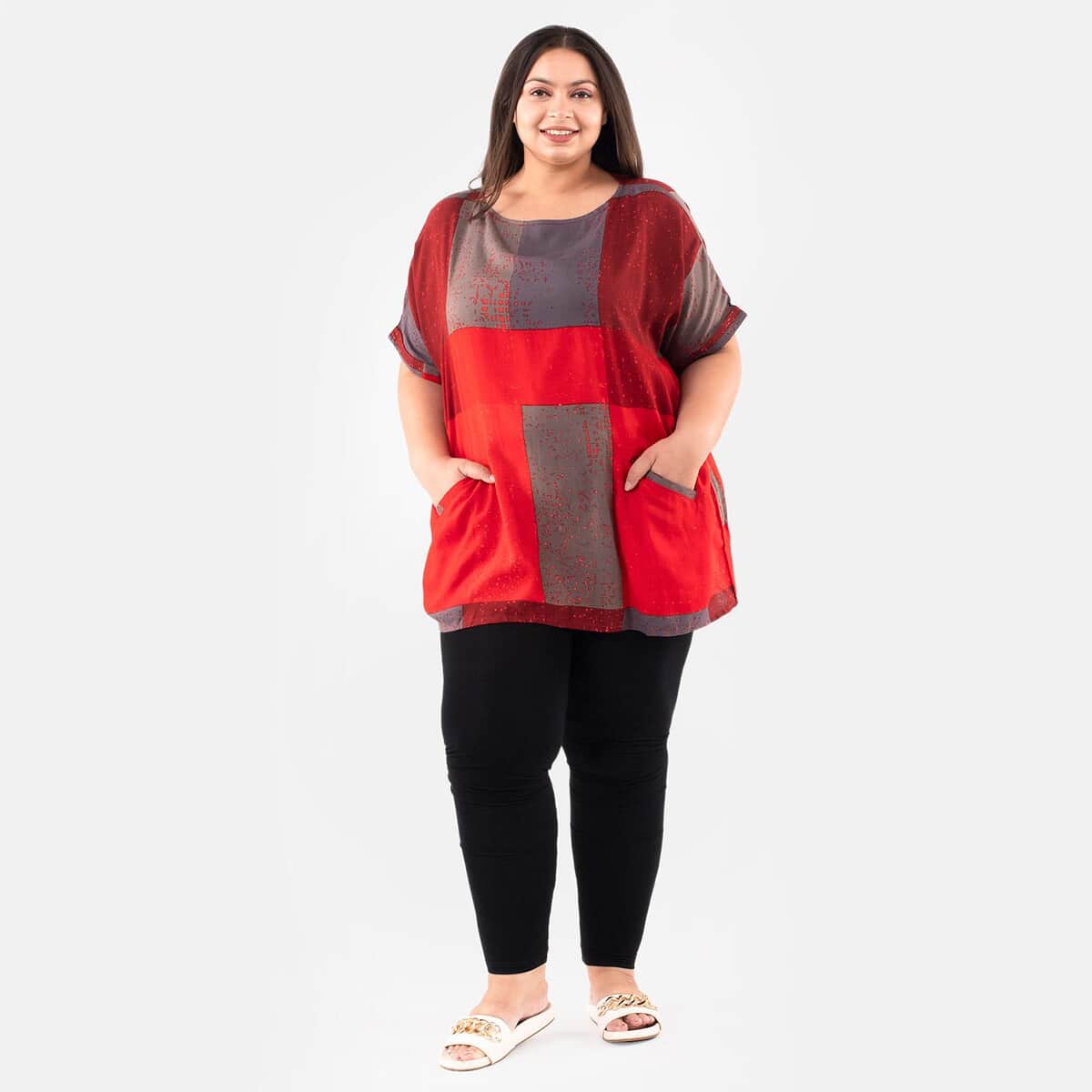 Tamsy Red Block Pattern Tunic - One Size Missy image number 0