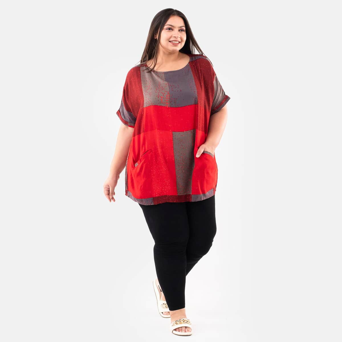 Tamsy Red Block Pattern Tunic - One Size Missy image number 2