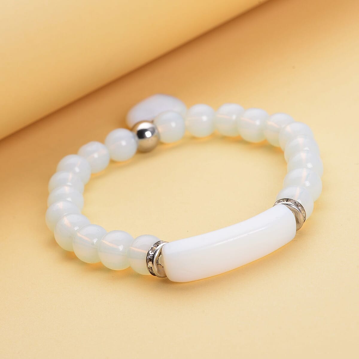 Opalite, Austrian Crystal Stretchable Beaded Heart Charm Bracelet in Stainless Steel 94.00 ctw | Tarnish-Free, Waterproof, Sweat Proof Jewelry image number 1